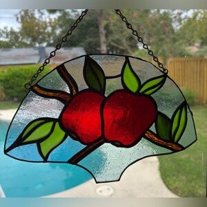 Vintage Leaded Stained Glass 10.5”x7” Red Apples Leaves Suncatcher Window  Chain